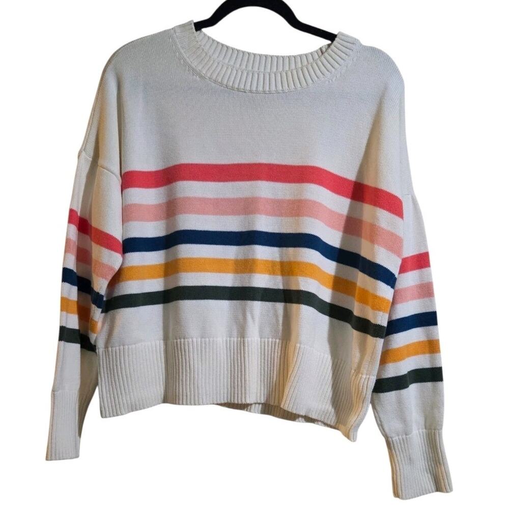 Lands' End Drifter Sweater Colorful Striped 100% Cotton Size M/P 10-12 LS Fisher